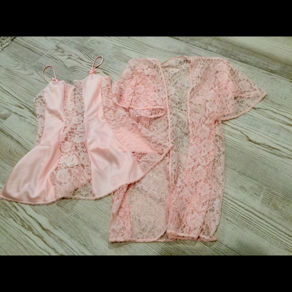 Light pink lace nightdress silky chemise slip AND pink lace robe 2 set Small